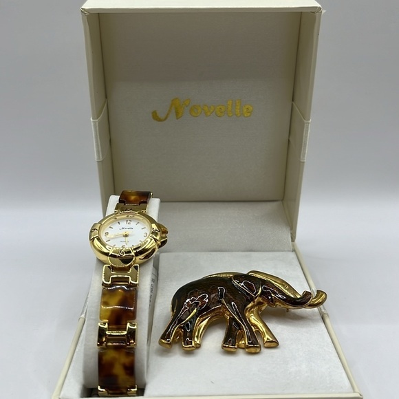 Elephant Novelle watch Faux Tortoise Gold Tone Link Watch  Pin Gift Set - Picture 4 of 10